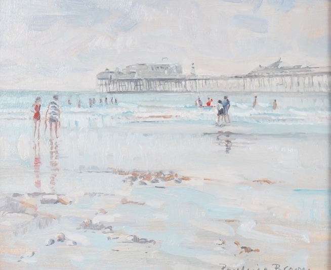 Pauline Brown (b.1926), ‘Low tide, Palace Pier, Brighton’, signed, label verso, oil on board, 11.5 x 14cm